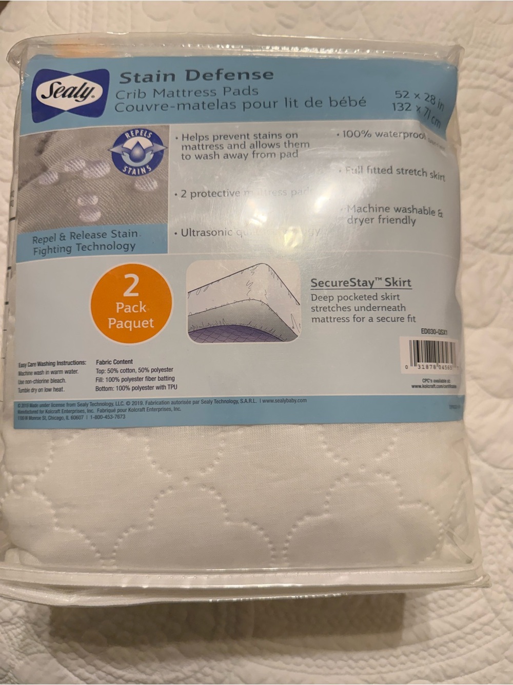 Sealy Baby Crib Mattress Pad 2 Pack Waterproof  Fitted 52x28 Machine Washable